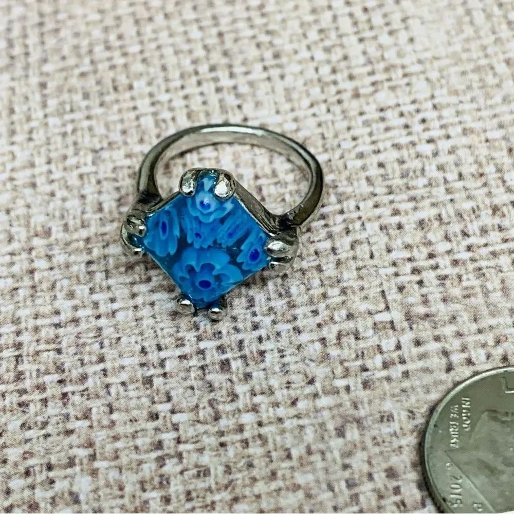 Silver Blue Millefiori Glass Ring